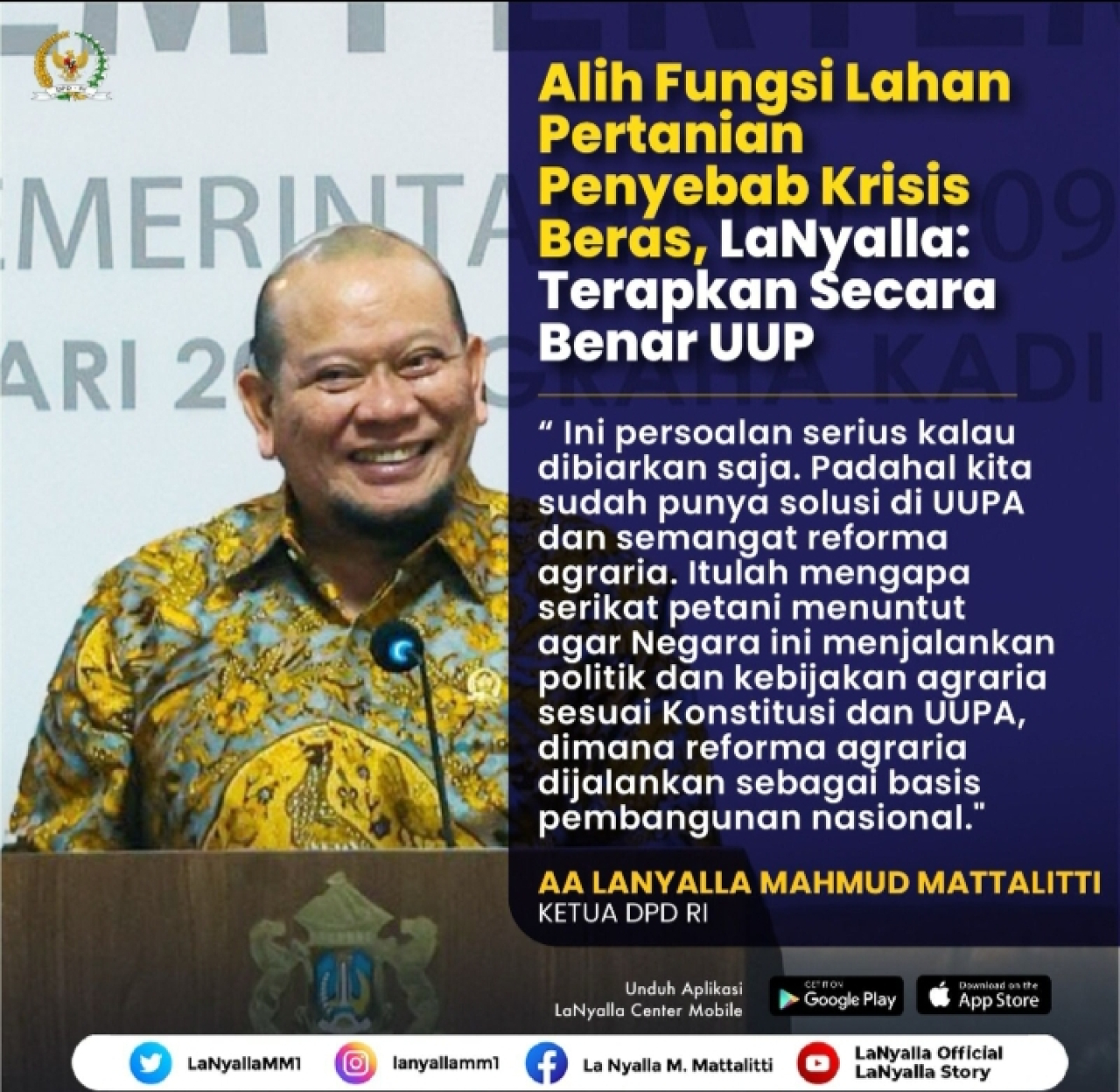 Alih Fungsi Lahan Pertanian Penyebab Krisis Beras, LaNyalla: Terapkan Secara Benar UUPA