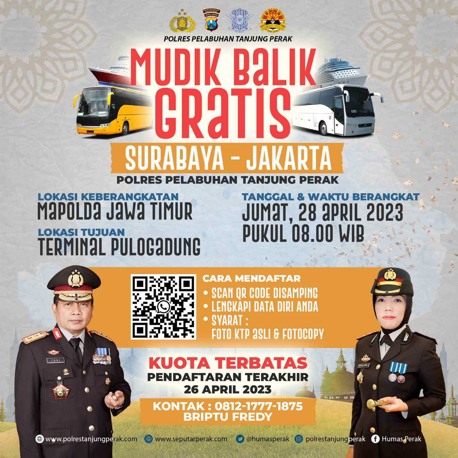 Polres Tanjung Perak Berikan Layanan Balik Mudik Gratis Tujuan Jakarta